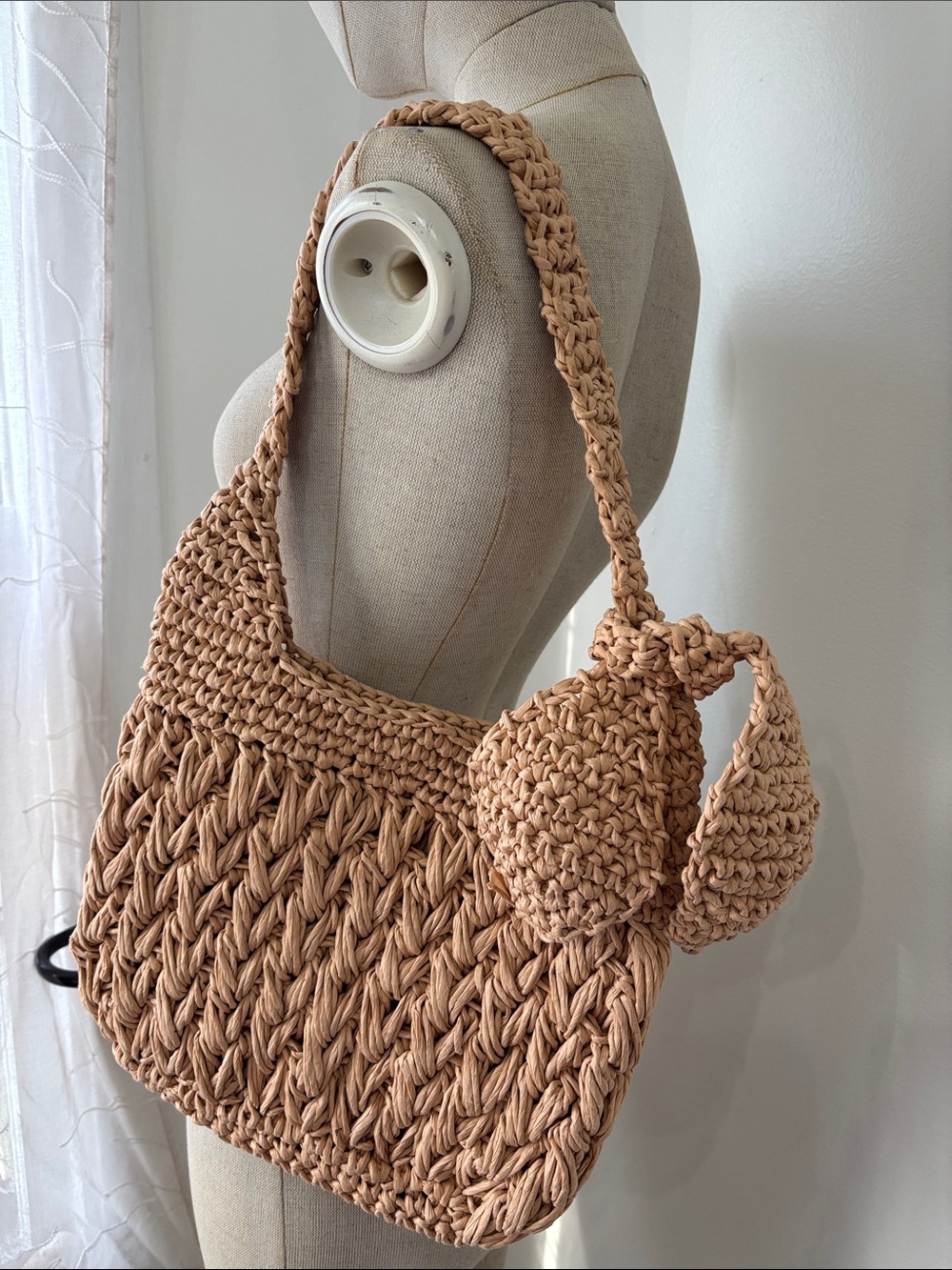 Antique Handwoven Crochet Shoulder Bag in Tan - Picture 2 of 6